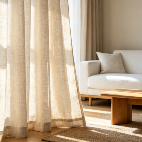 Cream-colored minimalist linen curtains for bedrooms (soft-light blackout fabric)