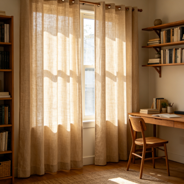 Natural light apricot linen curtains for minimalist tea rooms (breathable fabric)