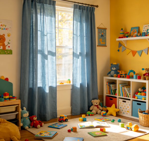 Korean-style solid linen curtains for bay windows (minimalist blackout fabric)