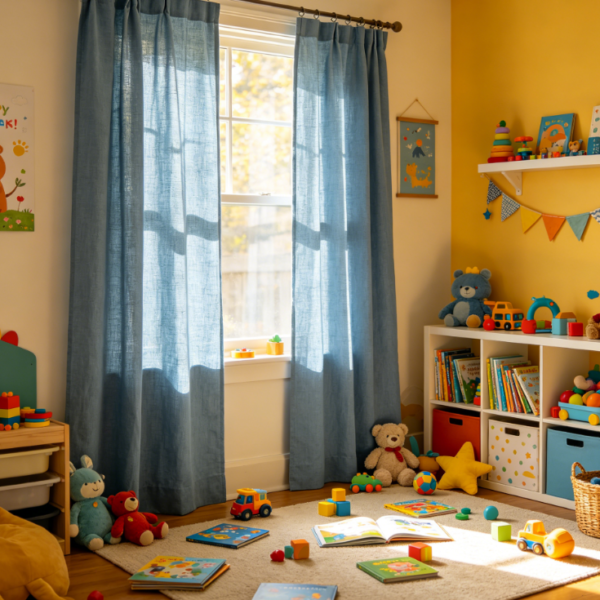 Korean-style solid linen curtains for bay windows (minimalist blackout fabric)