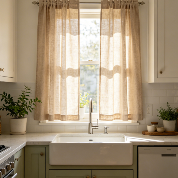 Vintage light khaki linen curtains for bedrooms (sound-insulating fabric)