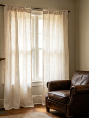 Vintage charcoal-grey linen curtains—minimalist bedroom blackout drapes