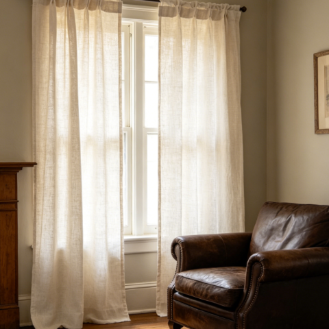 Vintage charcoal-grey linen curtains—minimalist bedroom blackout drapes
