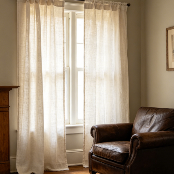 Vintage charcoal-grey linen curtains—minimalist bedroom blackout drapes