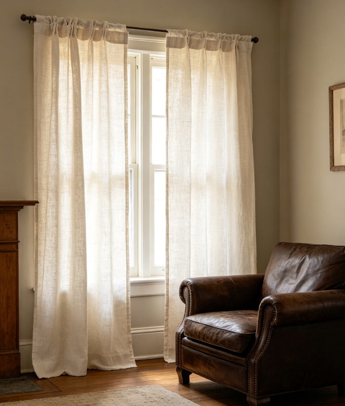 Vintage charcoal-grey linen curtains—minimalist bedroom blackout drapes