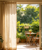 Creamy light taro linen curtains—minimalist bay window light-filtering drapes