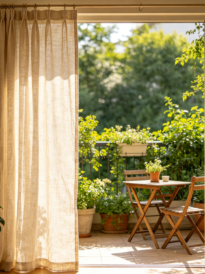 Creamy light taro linen curtains—minimalist bay window light-filtering drapes