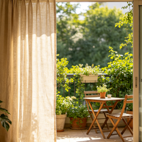 Creamy light taro linen curtains—minimalist bay window light-filtering drapes