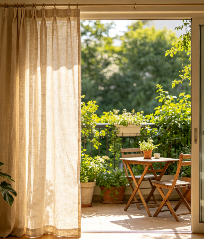 Creamy light taro linen curtains—minimalist bay window light-filtering drapes