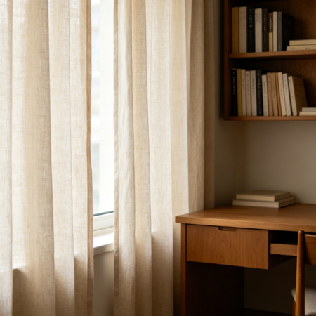 Natural wood-style linen curtains for minimalist studies (noise-reducing fabric)