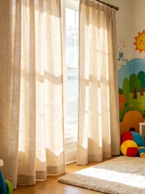 Insta-style light gray linen curtains for bay windows (atmospheric decor)