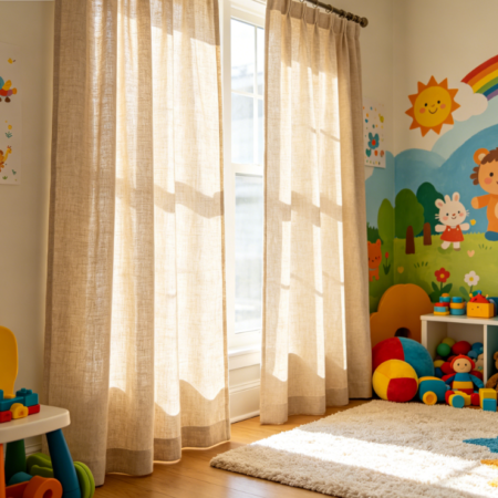 Insta-style light gray linen curtains for bay windows (atmospheric decor)