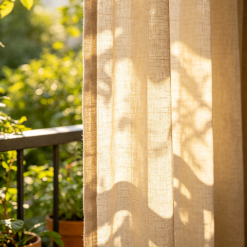 Mid-century style light brown linen curtains (whole-house blackout fabric)